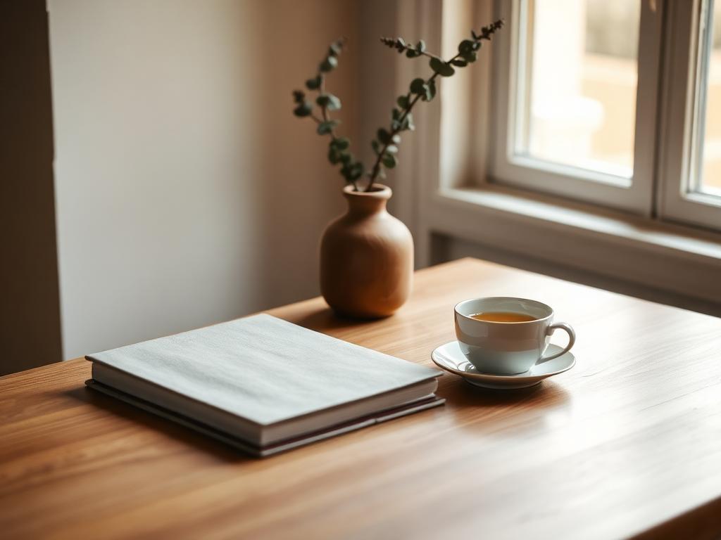 A calm coaching workspace with a notebook and tea by a sunlit window